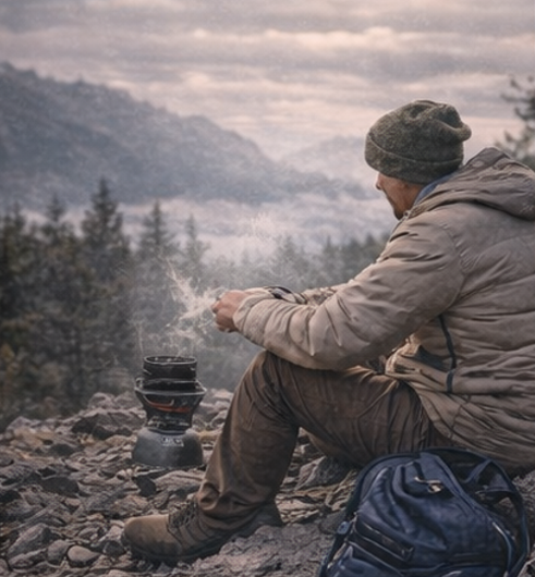 Person sitting on a rocky outcrop with a backpack, looking over a forested valley.