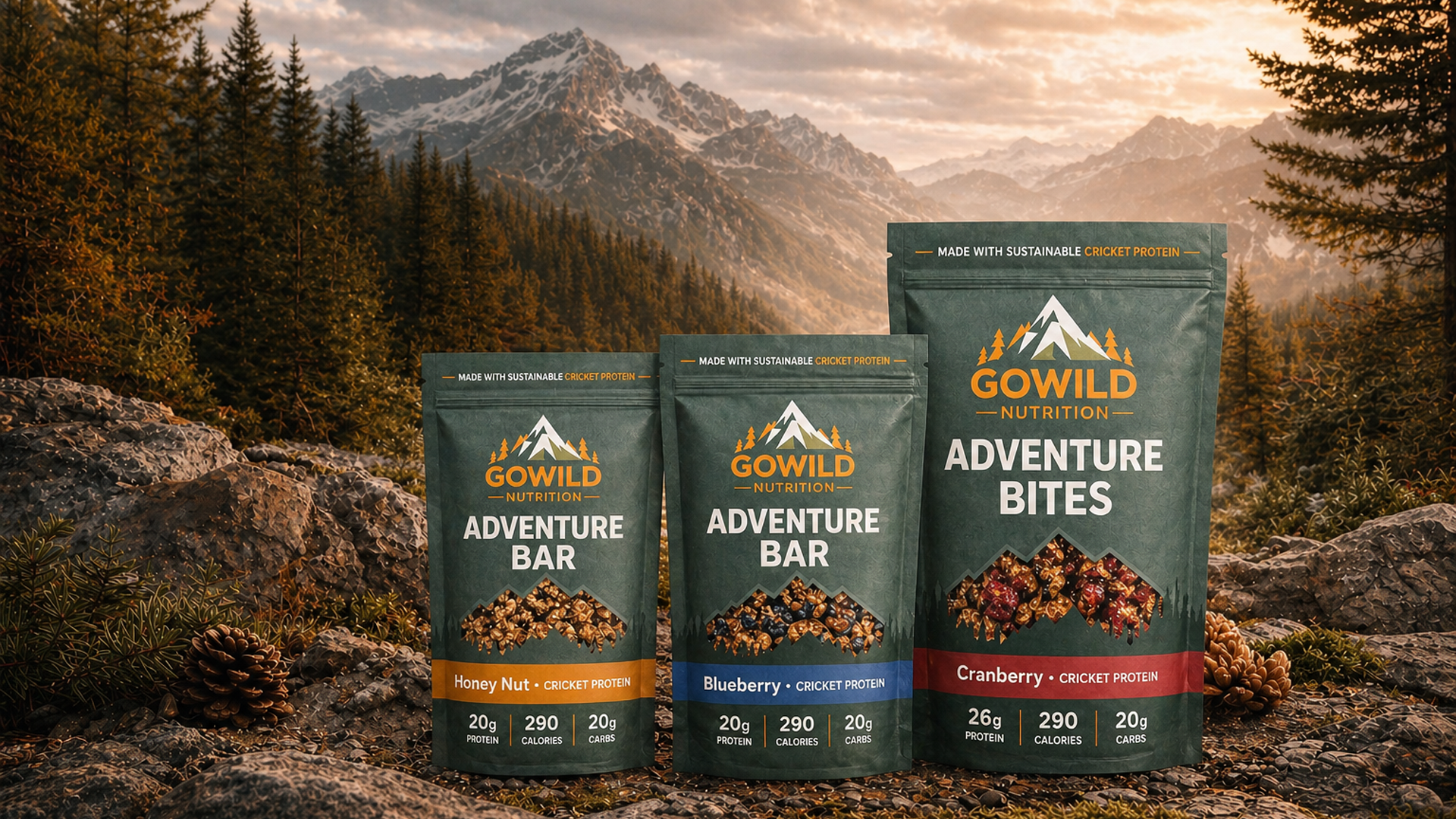 Go Wild Nutrition Hero Banner with nature background featuring honey nut adventure bar , blueberry adventure bar and cranberry adventure bites