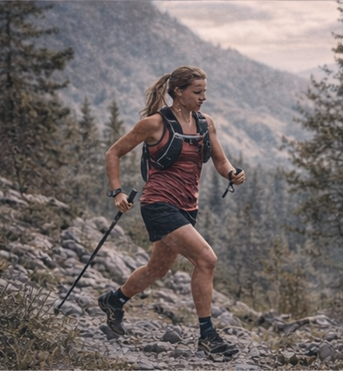 Woman hiking on a mountain trail with backpack and poles